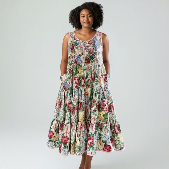 Sew What? Upcycling Dresses & Skirts - Handmade Floral Tiered Maxi Dress, patch pockets and adjustable straps, Size L